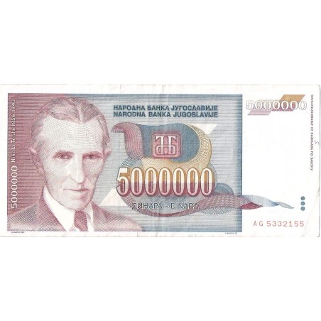 RARE YUGOSLAVIA 5000000 ( 50 00 000 ) 5 Million Dinara Note 1993 Nikola ...